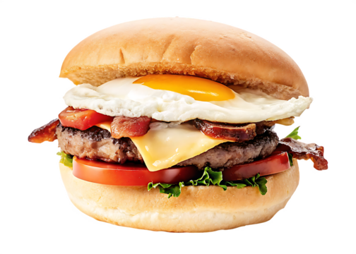 Hearty burger with fried egg and bacon isolated on a transparent background