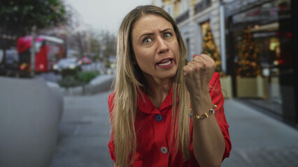 Woman with furrowed brow raises clenched fist on street lined with store windows under overcast sky; anger defiance.