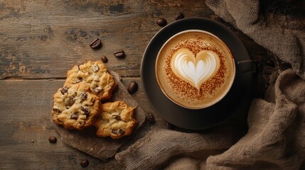 Delicious Cookies and Heart-Shaped Latte on Rustic Wooden Table