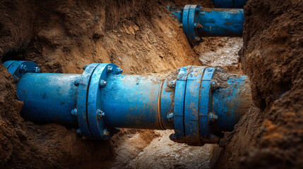 Underground construction of large blue water pipe system in earthy trench