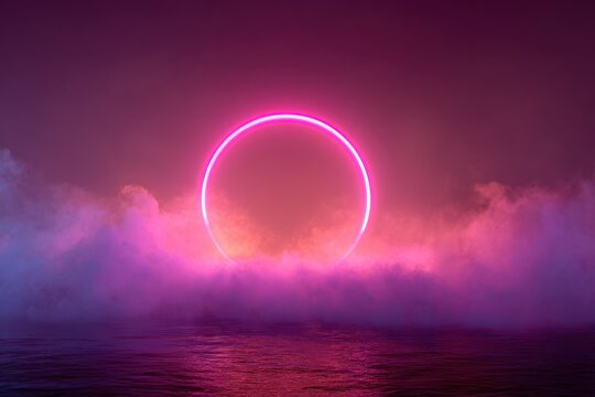 Glowing circle amidst neon vaporwave fog background retro futuristic dreamscape immersive retro wave background, glowing. Vaporwave Neon. Illustration.