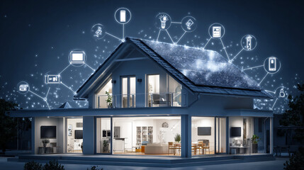 A smart home with solar panels, surrounded by digital icons representing various energy-saving tools and devices connected to the house's power system