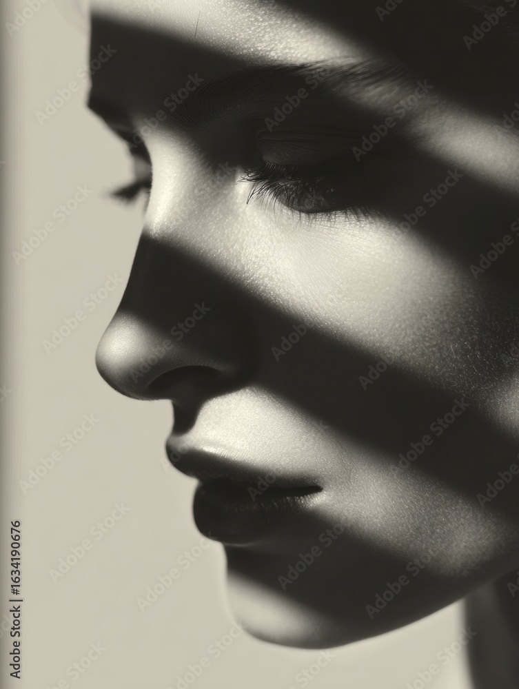 Poster captivating shadow play across striking facial features highlighting strong lines and curves during 
