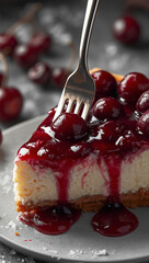 AI image of a cheesecake with strawberry sauce and cherry. 