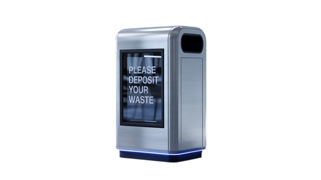 Modern brushed metal trash bin with digital display