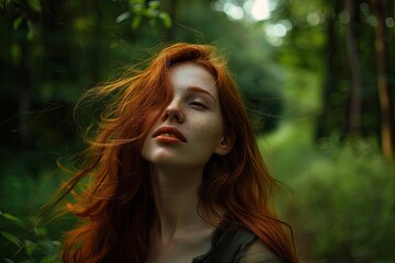 Naklejka premium High Resolution Image of Young Redhead Long Hair Woman Travels in Summer Cloudy Forest
