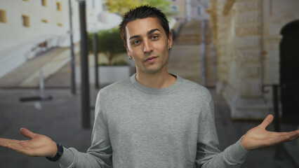 Young man outdoors in casual attire gestures with a questioning expression in an urban setting...