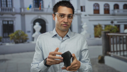 Young man with empty wallet on urban street looking disappointed outside in the city environment.