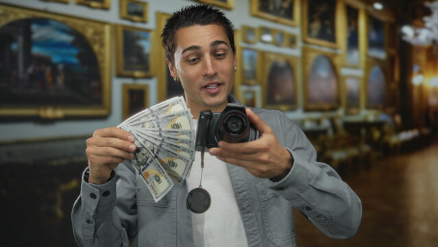 Young hispanic man holding a camera and fanning united states dollars indoors at a museum.