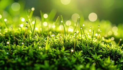Fototapeta premium Close Up Of Dew Covered Mossy Grass
