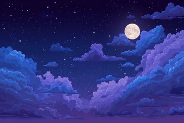 Night blue and purple gradient starry sky with full moon and fluffy clouds in anime style. Cartoon vector illustration of beautiful dark cloudscape scene under moonlight. Comic.