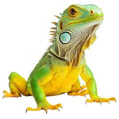 Obraz premium Cute Green and Yellow Iguana on Transparent Background.
