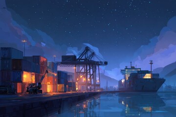 Obraz premium Night port with cargo container and ship vector illustration. Seaport logistic and marine transport and crane light under stars in sky. Freight shipment ocean terminal and.
