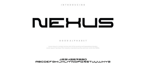 Nexus futuristic minimalist display font design, alphabet, typeface, letters and numbers, typography.