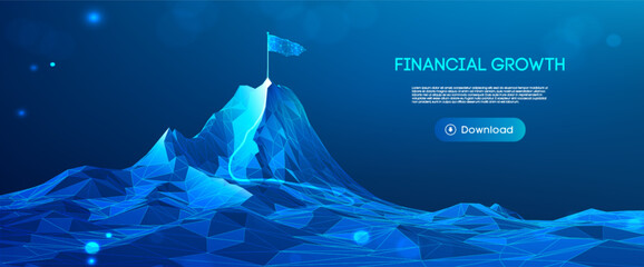 Tech success mountain concept with business growth background and leadership vision. Abstract 3D path with achievement arrows for career goals and AI opportunities. Polygon vector illustration of entr