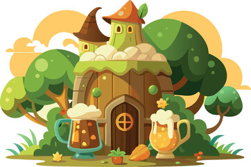 Naklejka premium Cartoon beer house with mugs isolated on white background, a whimsical and inviting tavern scene