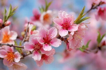 Peach Orange Japanese Cherry Blossoms Under Spring Sky.