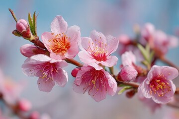 Fototapeta premium Peach Orange Japanese Cherry Blossoms Under Spring Sky.