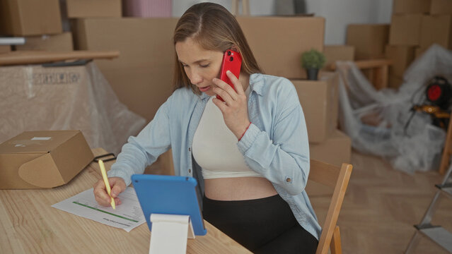 Pregnant woman talking on phone while writing notes on a tablet in a new home setting with moving boxes surrounding her in the living room. - Powered by Adobe
