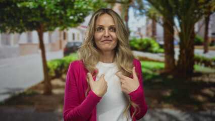 Woman holds finger while pointing towards herself in park where young blonde stands amid green...