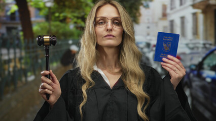 Young woman in judge uniform holds ukrainian passport and gavel on street, symbolizing justice and...