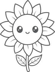 Cute sunflower kawaii coloring page for kids, black and white vector illustration of smiling flower, cartoon-style floral line art, fun printable worksheet for children’s coloring activities