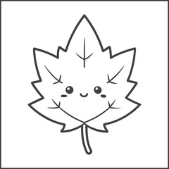 Cute kawaii oak leaf coloring page for kids, black and white vector illustration of smiling autumn leaf, cartoon-style fun line art for children’s coloring activity, printable worksheet design
