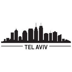 Naklejka premium Panoramic View of Downtown Tel Aviv Skyline. Tel Aviv city black silhouette skyscrapers and buildings. Long cityscape. Vector black silhouette. with white background