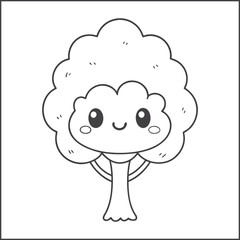 Cute kawaii tree coloring page for kids, black and white vector illustration of smiling tree, fun nature-themed doodle worksheet for children, line art cartoon for activity book