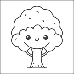 Cute kawaii tree coloring page for kids, black and white vector illustration of smiling tree, fun nature-themed doodle worksheet for children, line art cartoon for activity book