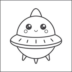 Cute kawaii spaceship coloring page for kids, black and white vector illustration of smiling fun outer space activity book page for children and toddlers