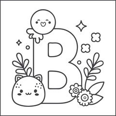 Cute alphabet coloring page for kids, kawaii-style letters with smiling faces, black and white line art, educational and fun printable worksheet for children’s coloring book, vector illustration