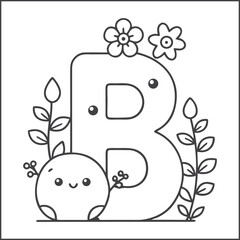 Cute alphabet coloring page for kids, kawaii-style letters with smiling faces, black and white line art, educational and fun printable worksheet for children’s coloring book, vector illustration