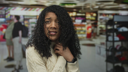 Woman in cable knit sweater and smartwatch with hand on chin and furrowed brow and tense posture in busy airport; concern.