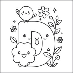 Cute alphabet coloring page for kids, kawaii-style letters with smiling faces, black and white line art, educational and fun printable worksheet for children’s coloring book, vector illustration