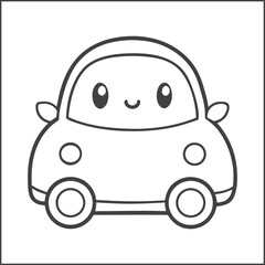 Kawaii car coloring page, cute cartoon vehicle for kids, smiling automobile illustration in black and white, fun doodle line art for children's printable coloring book activity, vector drawing