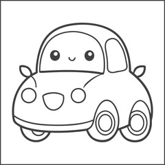 Kawaii car coloring page, cute cartoon vehicle for kids, smiling automobile illustration in black and white, fun doodle line art for children's printable coloring book activity, vector drawing