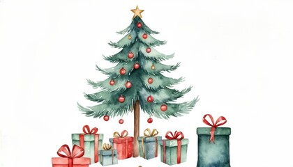 Naklejka premium Image of a Christmas tree with presents underneath. A decorated Christmas tree with wrapped gifts placed beneath, creating a festive and cozy holiday scene.