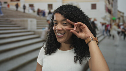 Woman smiles and makes peace sign near eye on stone street steps with blurred pedestrians in...