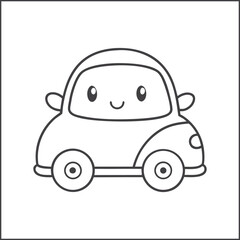 Kawaii car coloring page, cute cartoon vehicle for kids, smiling automobile illustration in black and white, fun doodle line art for children's printable coloring book activity, vector drawing