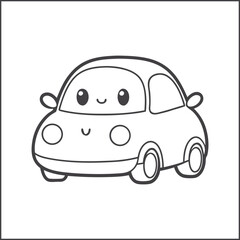 Kawaii car coloring page, cute cartoon vehicle for kids, smiling automobile illustration in black and white, fun doodle line art for children's printable coloring book activity, vector drawing