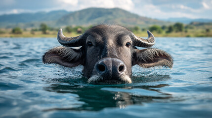 Obraz premium A water buffalo swimming in the river, a close-up shot of its head with horns and ears sticking out above the blue waters