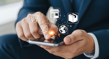 Person using smartphone with e-commerce icons online shopping
