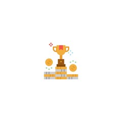 A flat design icon style illustration logo depicting a winning trophy placed on a pile of gold coins.