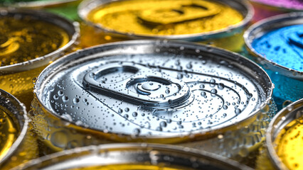 A group of colorful aluminum cans of beverage, with water droplets, background.	