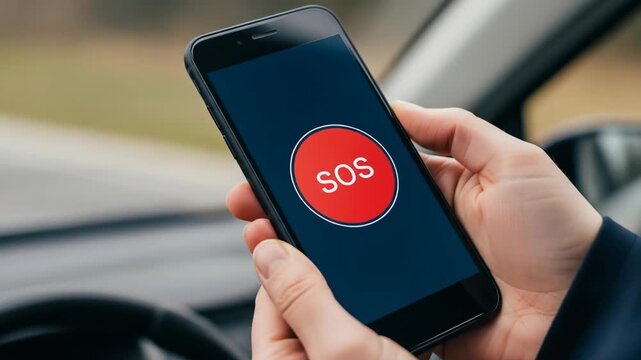 Woman uses smartphone with red sos button, making emergency call in car for safety and accident assistance, close up footage.