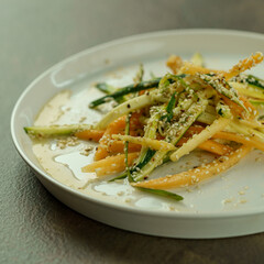 Vegan Chef Cooking Photography - Sizzling Plant-Based Gluten-Free Food with Seasonal Veggies & Black Quinoa and Zucchini Salad in Professional Kitchen - Sustainable Cuisine