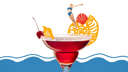 Graphic composition of cherry cocktail with woman in blue swimsuit jumping from sugar rim. Concept...