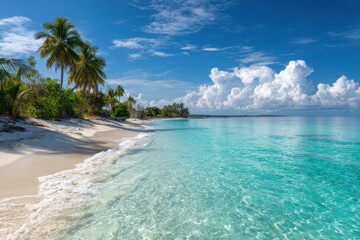 Fototapeta premium Serene beach scene with crystal clear turquoise water gently lapping against white sandy shore, flanked by lush palm trees under a bright blue sky with fluffy clouds.