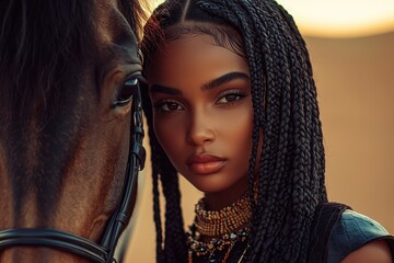 Naklejka premium Close-up of a woman with braided hair and layered jewelry standing beside a horse during sunset